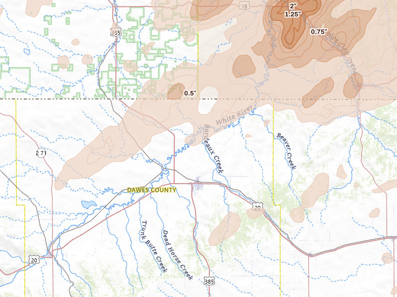 Radar-estimated hail-size map of the storm over Chadron, NE on Jun 2, 2026
