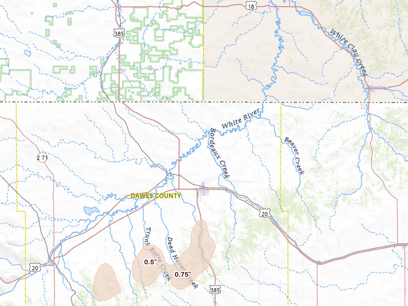 Radar-estimated hail-size map of the storm over Chadron, NE on Jun 26, 2026