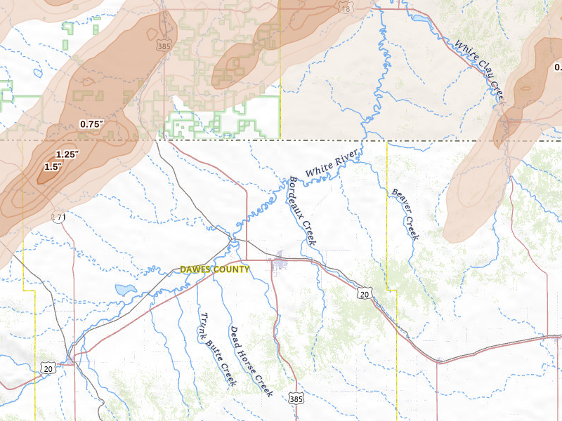 Radar-estimated hail-size map of the storm over Chadron, NE on Jun 27, 2026