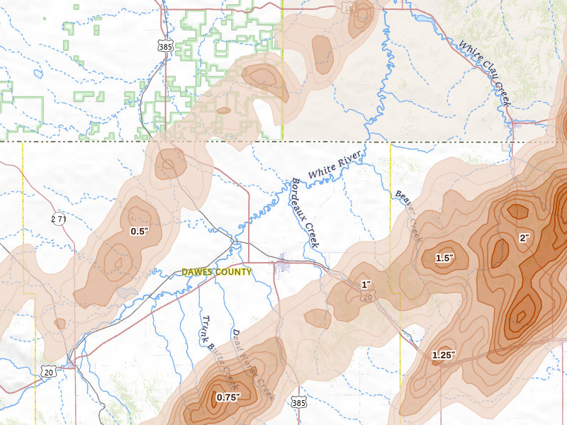 Radar-estimated hail-size map of the storm over Chadron, NE on Jun 28, 2026