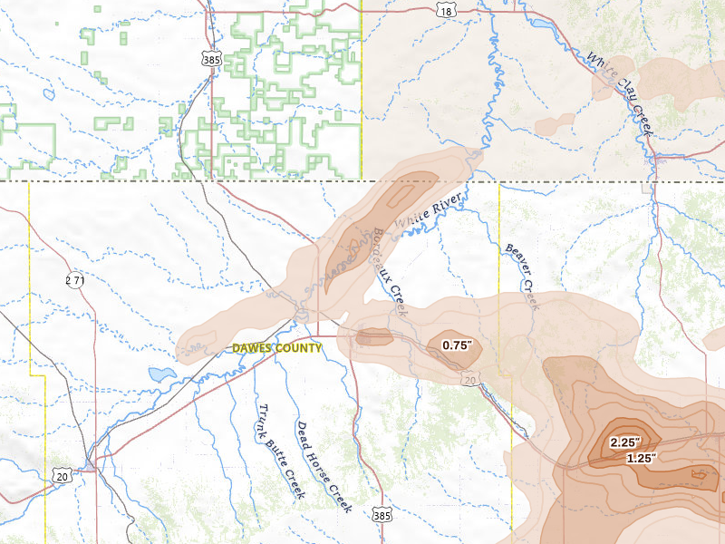 Radar-estimated hail-size map of the storm over Chadron, NE on Jul 3, 2026