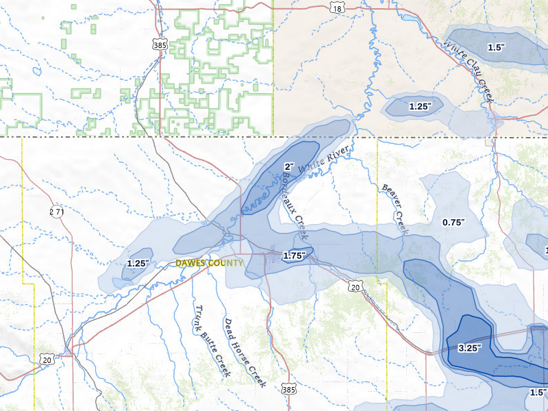 NEXRAD radar-signature map of the hail storm over Chadron, NE on Jul 3, 2026