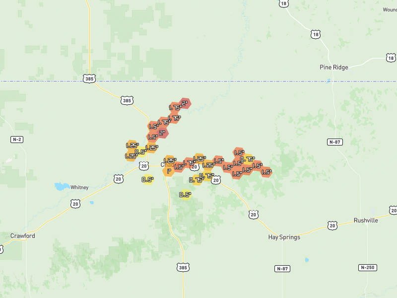 Hail map of Chadron, NE on Jul 3, 2026, hail up to 2"