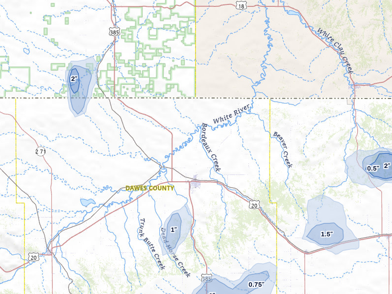 NEXRAD radar-signature map of the hail storm over Chadron, NE on Jul 6, 2026