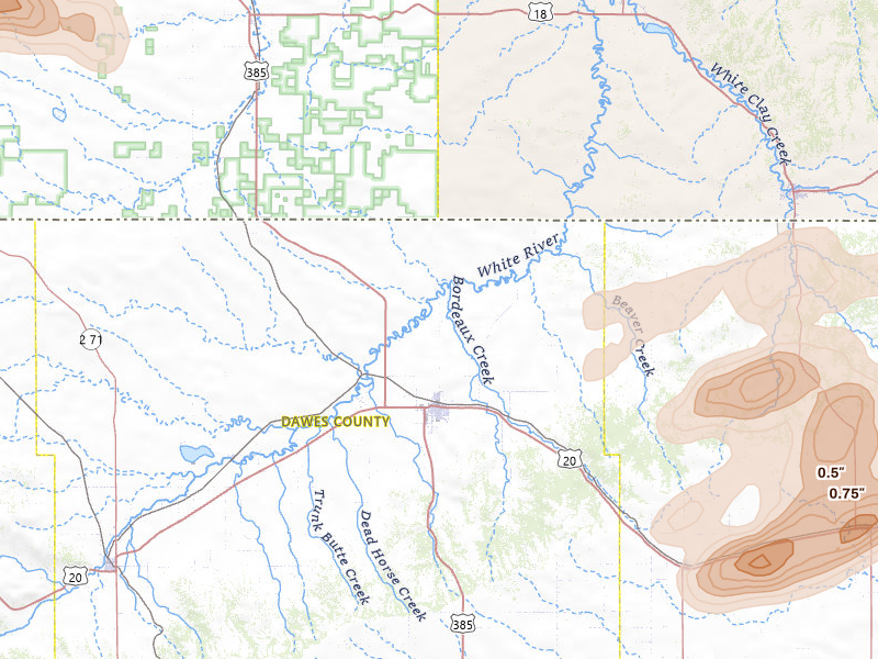 Radar-estimated hail-size map of the storm over Chadron, NE on Jul 7, 2026