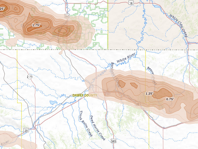 Radar-estimated hail-size map of the storm over Chadron, NE on Aug 12, 2026