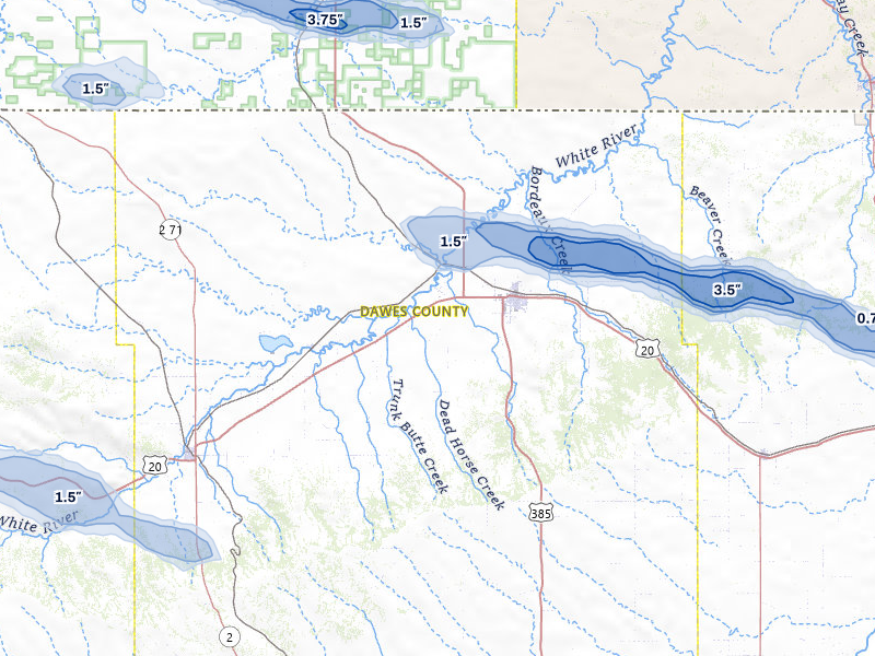 NEXRAD radar-signature map of the hail storm over Chadron, NE on Aug 12, 2026