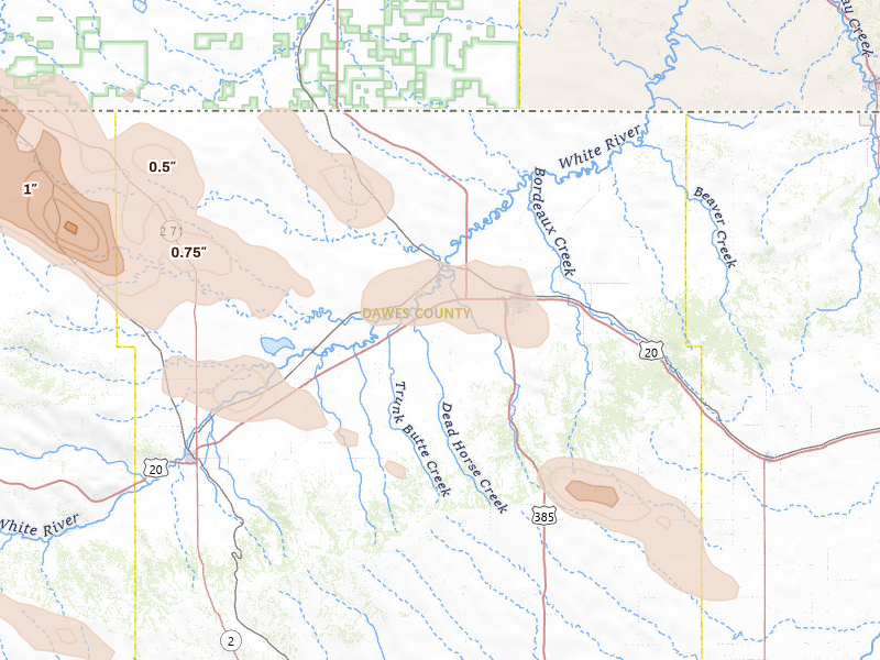 Radar-estimated hail-size map of the storm over Chadron, NE on Aug 17, 2026