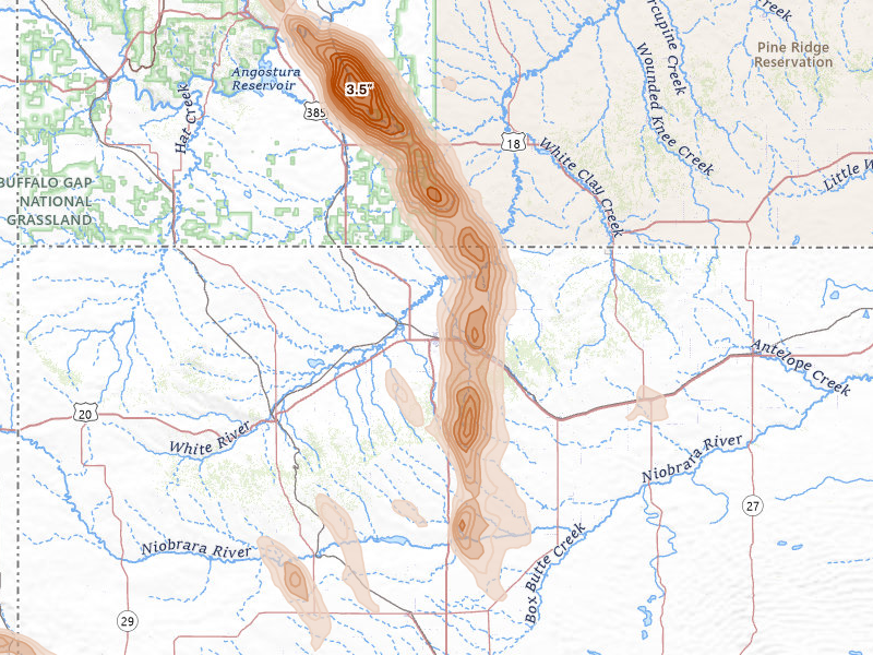 Radar-estimated hail-size map of the storm over Chadron, NE on Aug 21, 2026