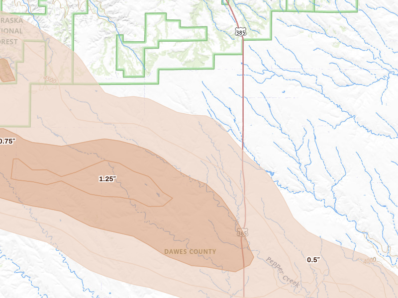 Radar-estimated hail-size map of the storm over Chadron, NE on Aug 23, 2026