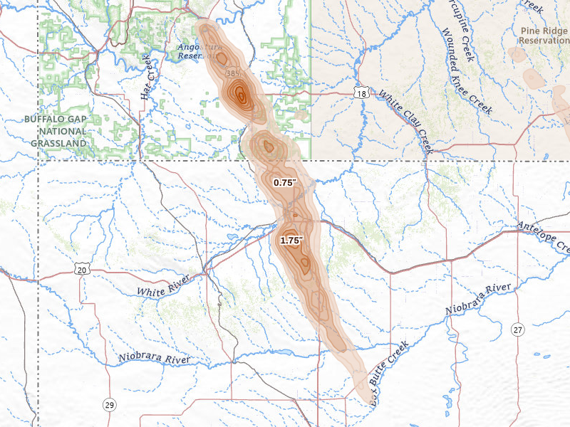 Radar-estimated hail-size map of the storm over Chadron, NE on Aug 27, 2026