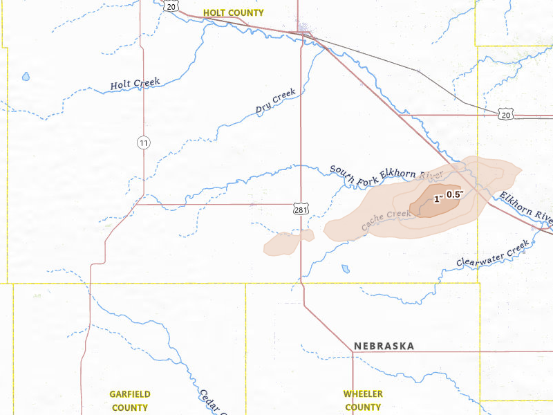Radar-estimated hail-size map of the storm over Chambers, NE on May 24, 2026