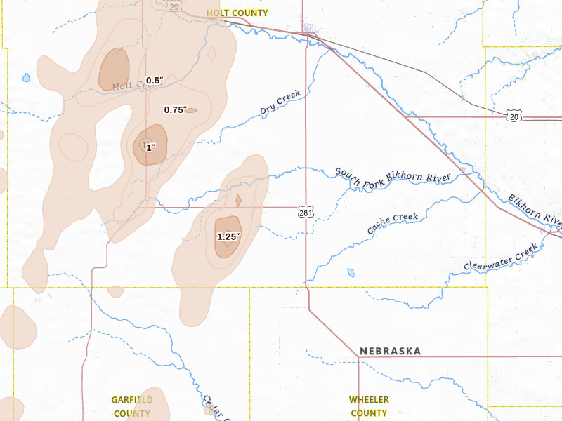 Radar-estimated hail-size map of the storm over Chambers, NE on Jun 9, 2026