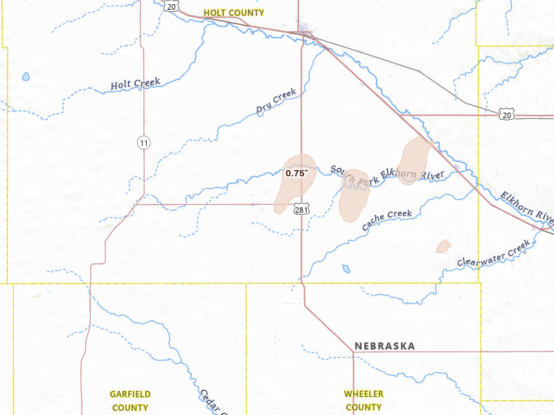 Radar-estimated hail-size map of the storm over Chambers, NE on Jun 30, 2026