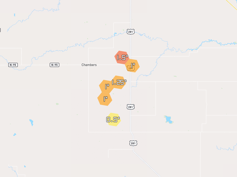 Hail map of Chambers, NE on Jul 1, 2026, hail up to 1.5"