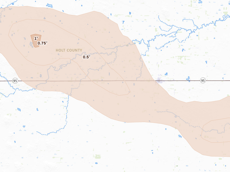 Radar-estimated hail-size map of the storm over Chambers, NE on Aug 11, 2026