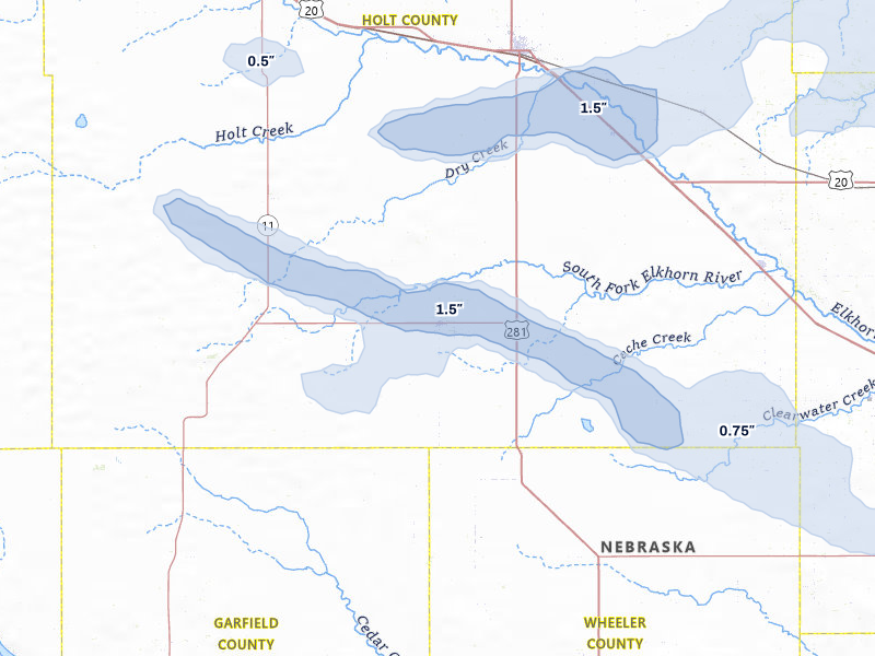 NEXRAD radar-signature map of the hail storm over Chambers, NE on Aug 11, 2026