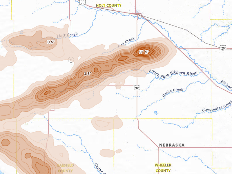 Radar-estimated hail-size map of the storm over Chambers, NE on Aug 17, 2026