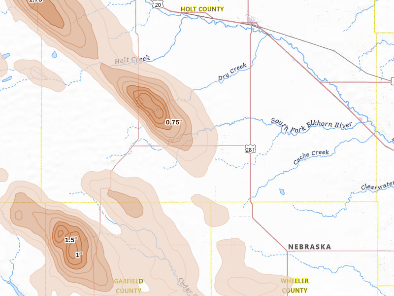 Radar-estimated hail-size map of the storm over Chambers, NE on Aug 19, 2026
