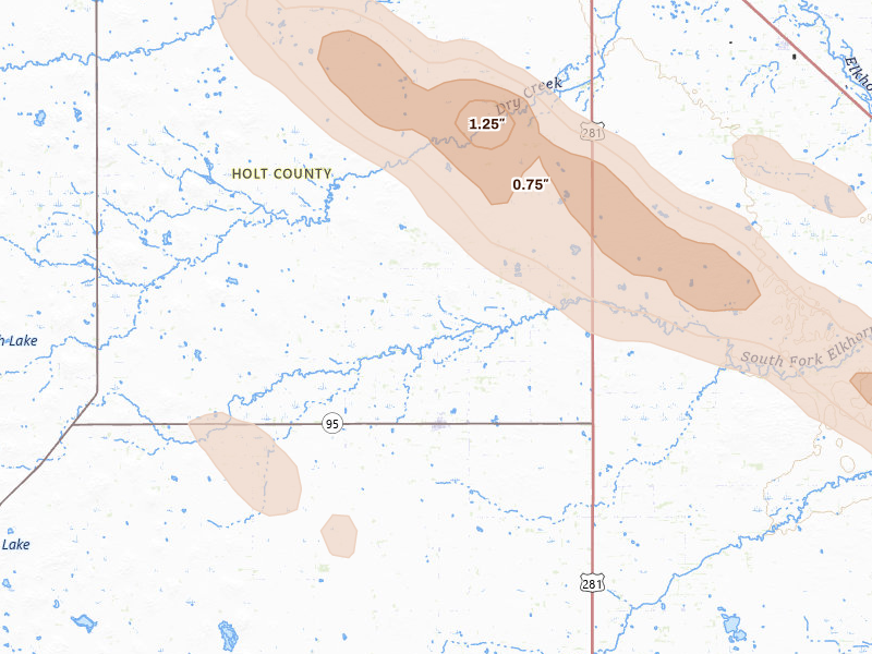 Radar-estimated hail-size map of the storm over Chambers, NE on Aug 21, 2026