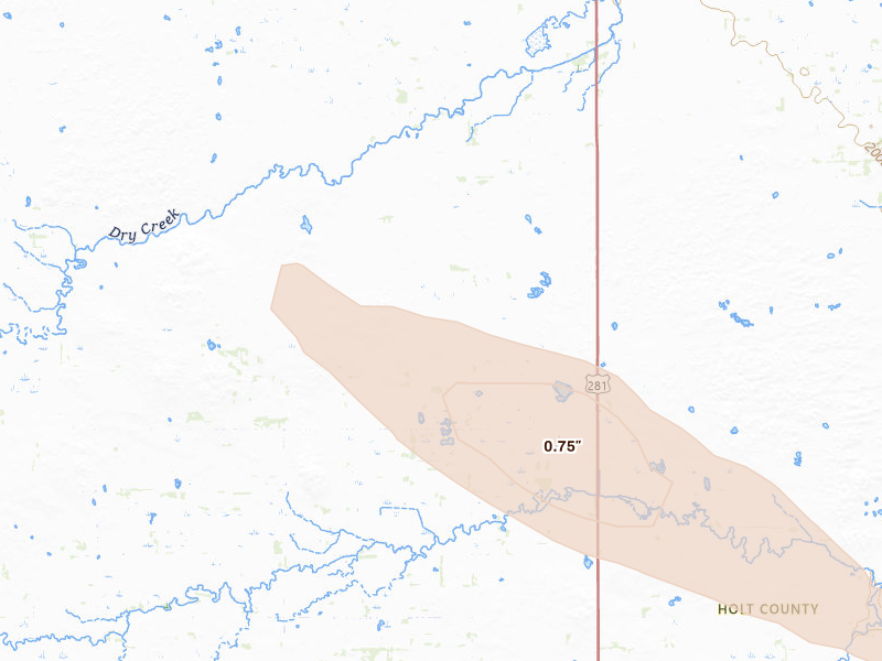 Radar-estimated hail-size map of the storm over Chambers, NE on Aug 23, 2026