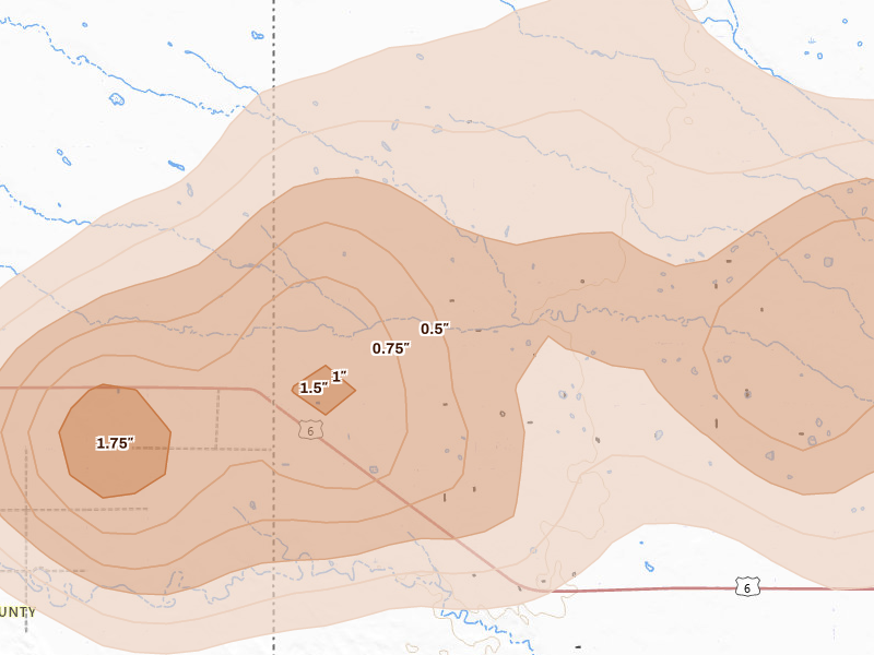 Radar-estimated hail-size map of the storm over Champion, NE on May 16, 2026