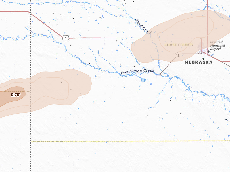 Radar-estimated hail-size map of the storm over Champion, NE on Aug 3, 2026