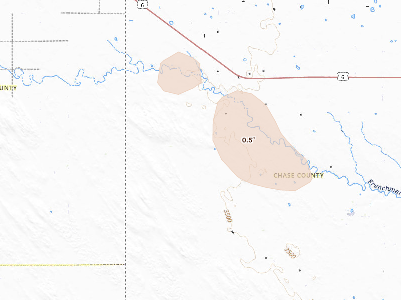 Radar-estimated hail-size map of the storm over Champion, NE on Aug 15, 2026