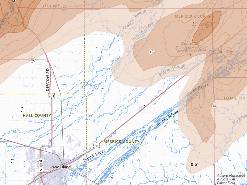 Radar-estimated hail-size map of the storm over Chapman, NE on May 17, 2026