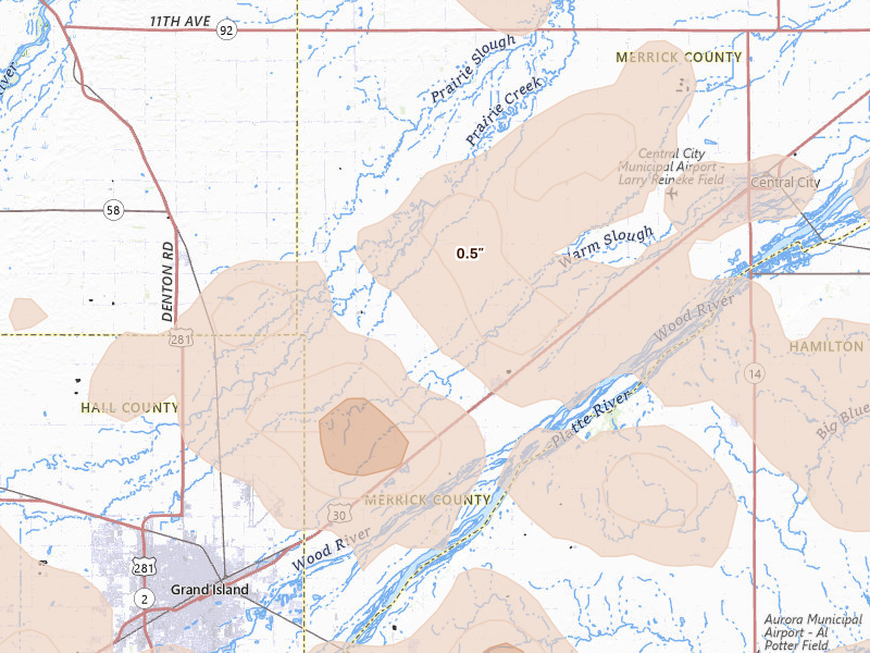 Radar-estimated hail-size map of the storm over Chapman, NE on Jun 5, 2026