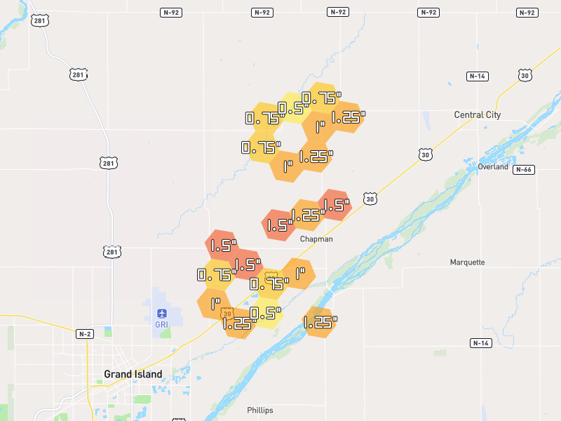 Hail map of Chapman, NE on Jun 6, 2026, hail up to 1.5"