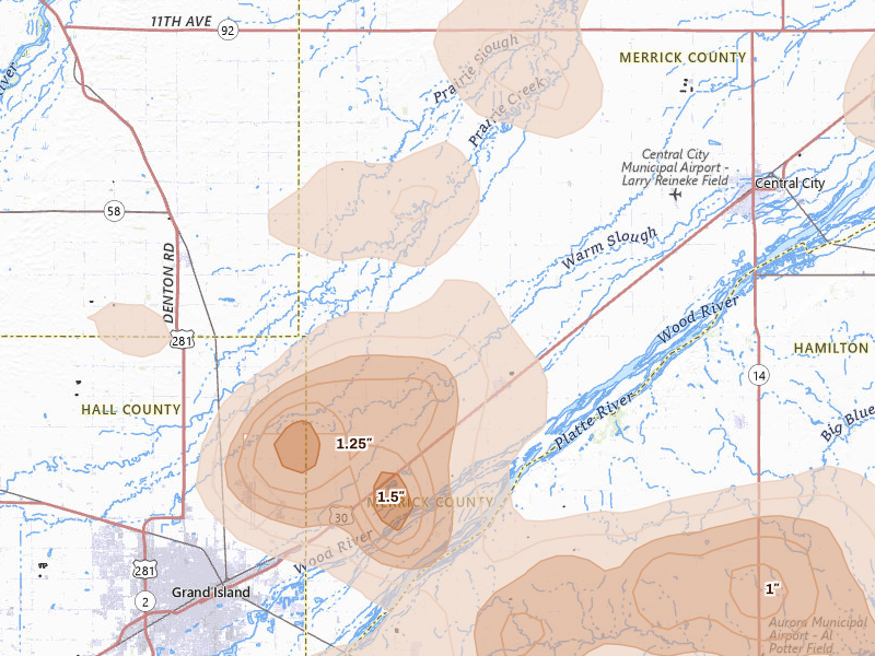 Radar-estimated hail-size map of the storm over Chapman, NE on Jul 8, 2026