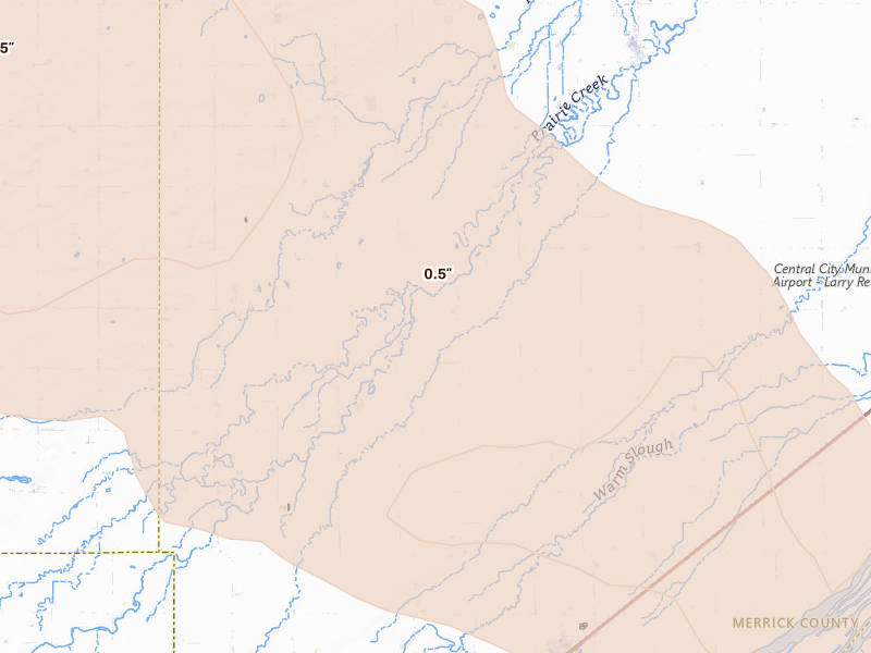 Radar-estimated hail-size map of the storm over Chapman, NE on Aug 17, 2026