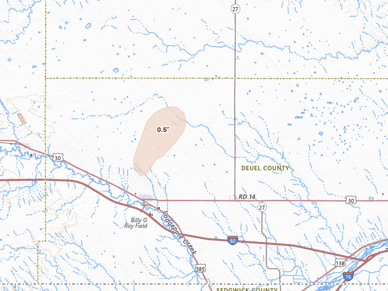 Radar-estimated hail-size map of the storm over Chappell, NE on Jun 8, 2026
