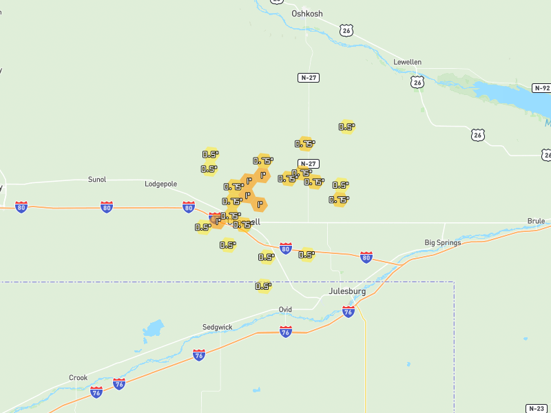 Hail map of Chappell, NE on Jun 9, 2026, hail up to 1"