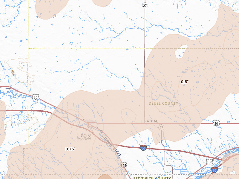 Radar-estimated hail-size map of the storm over Chappell, NE on Jun 30, 2026