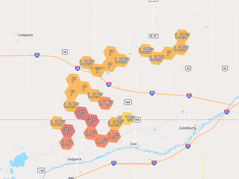 Hail map of Chappell, NE on Jul 1, 2026, hail up to 2"