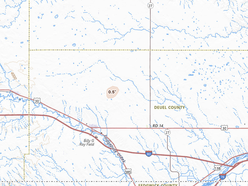 Radar-estimated hail-size map of the storm over Chappell, NE on Jul 7, 2026