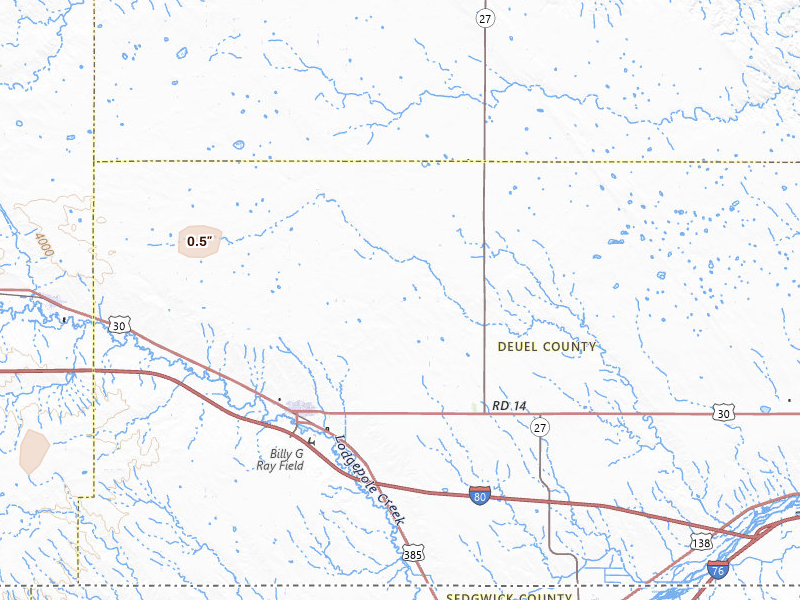 Radar-estimated hail-size map of the storm over Chappell, NE on Jul 9, 2026