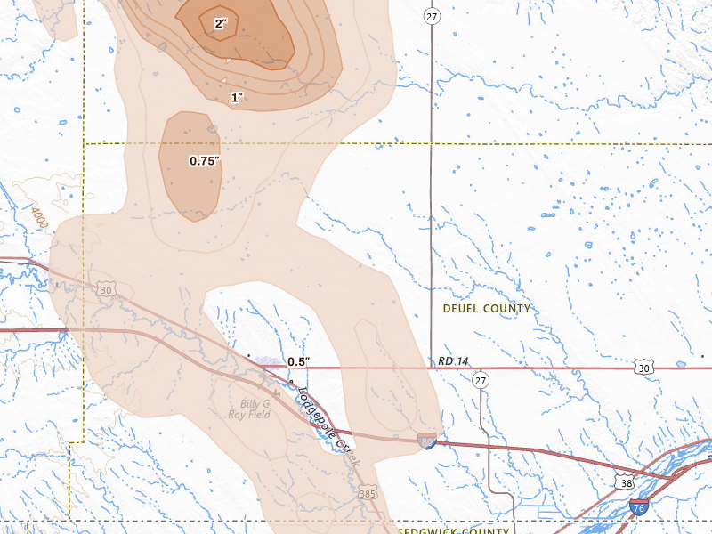 Radar-estimated hail-size map of the storm over Chappell, NE on Jul 28, 2026