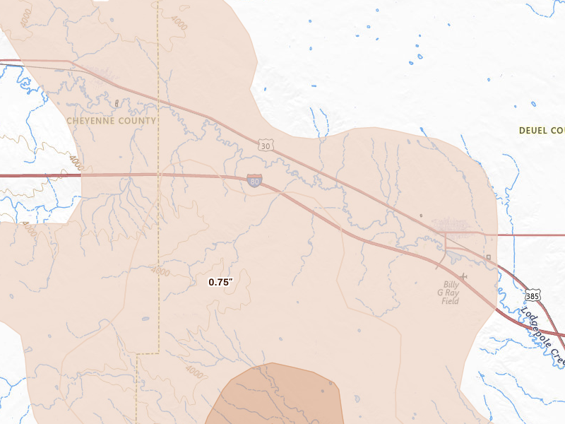 Radar-estimated hail-size map of the storm over Chappell, NE on Aug 9, 2026