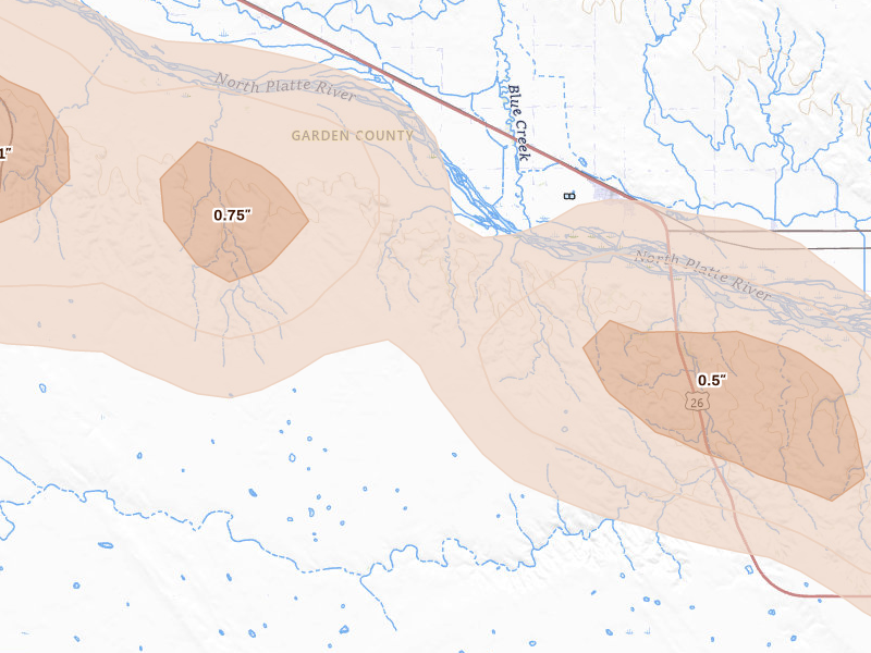 Radar-estimated hail-size map of the storm over Chappell, NE on Aug 17, 2026