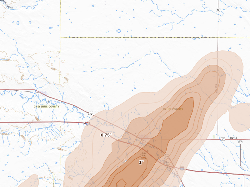 Radar-estimated hail-size map of the storm over Chappell, NE on Sep 5, 2026