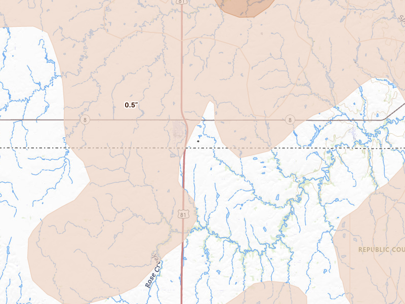 Radar-estimated hail-size map of the storm over Chester, NE on May 16, 2026