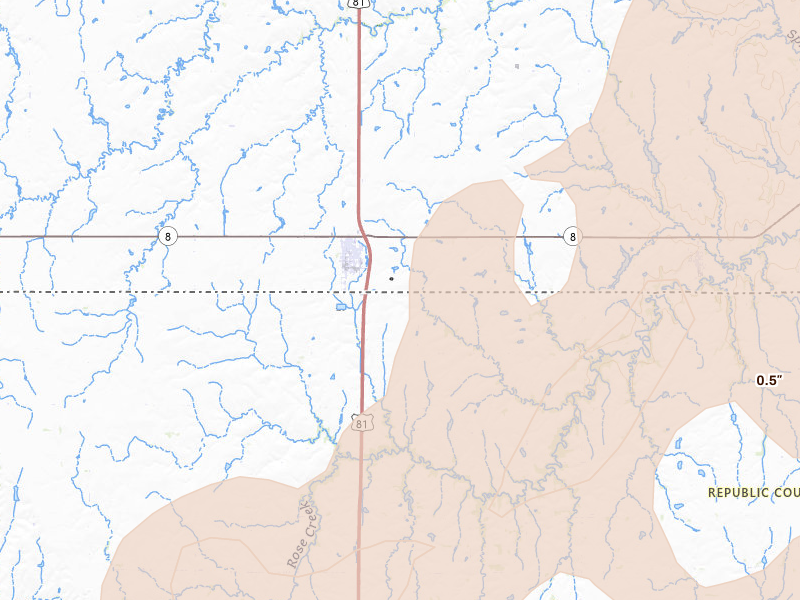 Radar-estimated hail-size map of the storm over Chester, NE on May 18, 2026