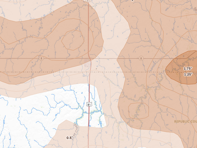 Radar-estimated hail-size map of the storm over Chester, NE on Jul 3, 2026