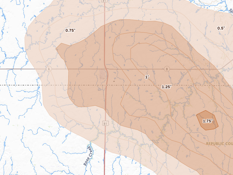 Radar-estimated hail-size map of the storm over Chester, NE on Jul 8, 2026