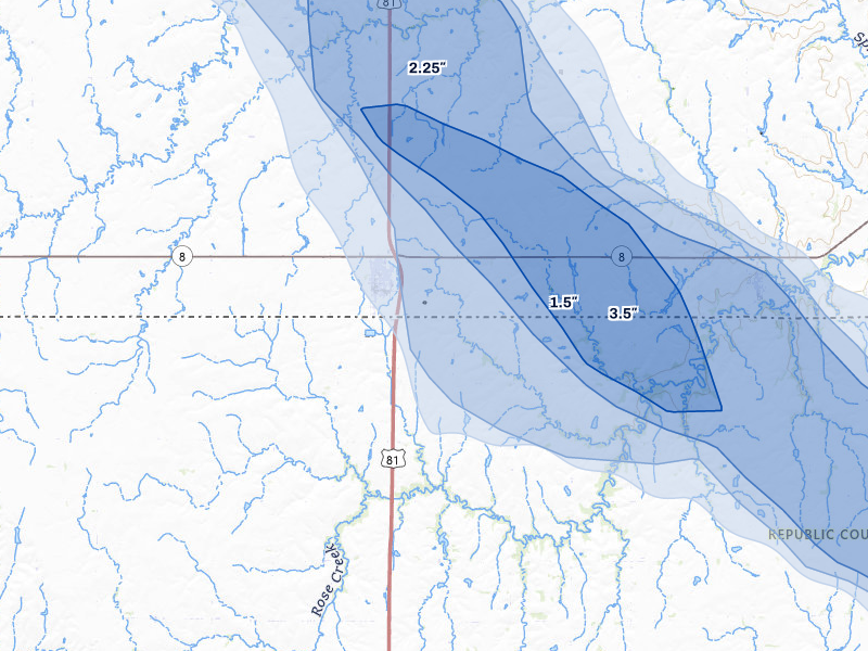 NEXRAD radar-signature map of the hail storm over Chester, NE on Jul 8, 2026