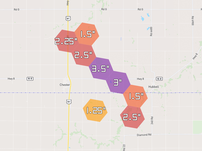 Hail map of Chester, NE on Jul 9, 2026, hail up to 3.5"