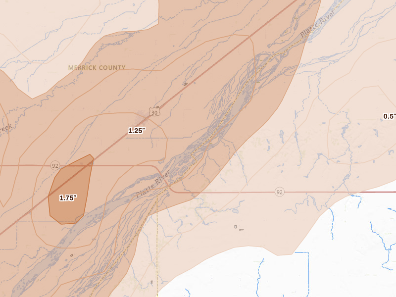 Radar-estimated hail-size map of the storm over Clarks, NE on May 17, 2026